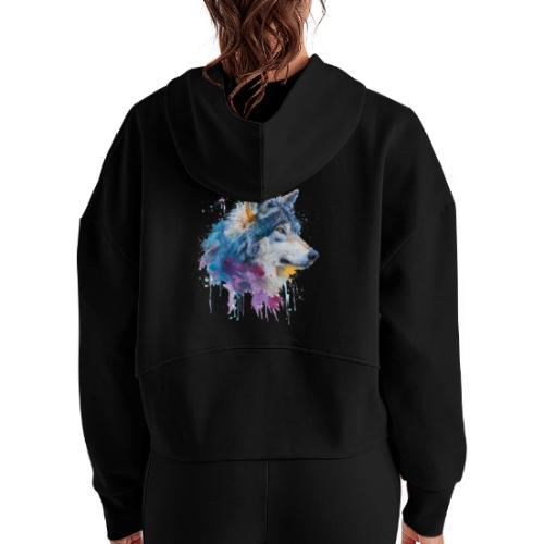 Splash-Art Wolf Head - Women's Half Zip Cropped Hoodie