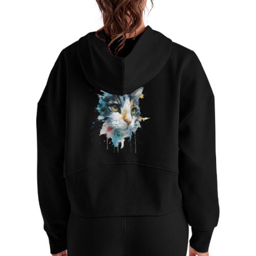 Watercolor cat face - Women's Half Zip Cropped Hoodie