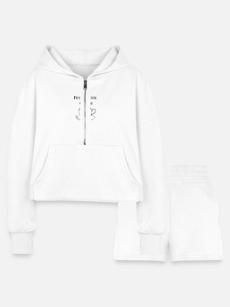 First I Drink Coffee - Minimalist Coffee Line Art - Women’s Cropped Hoodie & Jogger Short Set - white