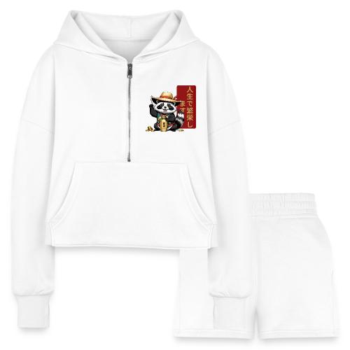 Lucky Tanuki: Playful Japanese Raccoon Design - Women’s Cropped Hoodie & Jogger Short Set