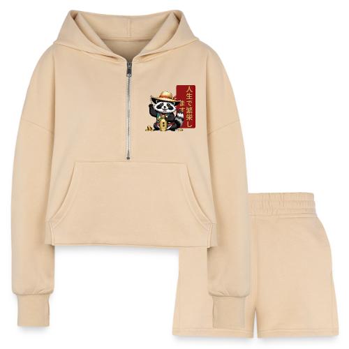 Lucky Tanuki: Playful Japanese Raccoon Design - Women’s Cropped Hoodie & Jogger Short Set