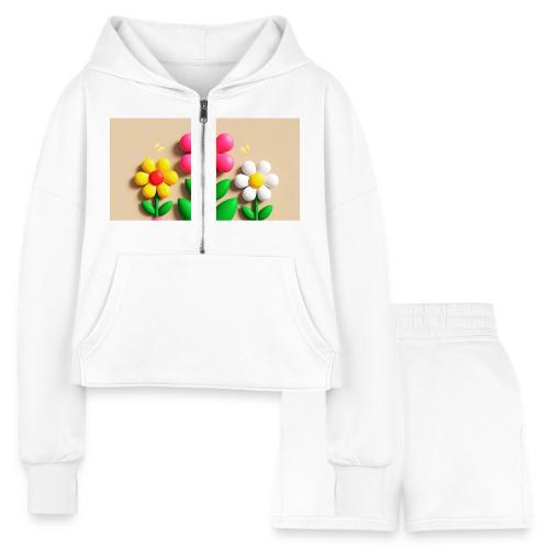 3D Flowers and Butterflies in Amber, Floral Design - Women’s Cropped Hoodie & Jogger Short Set