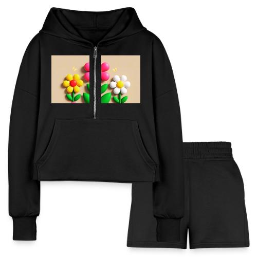 3D Flowers and Butterflies in Amber, Floral Design - Women’s Cropped Hoodie & Jogger Short Set