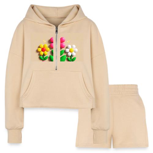 3D Flowers and Butterflies in Amber, Floral Design - Women’s Cropped Hoodie & Jogger Short Set