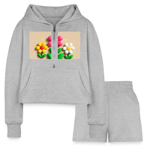3D Flowers and Butterflies in Amber, Floral Design - Women’s Cropped Hoodie & Jogger Short Set