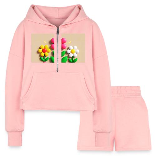 3D Flowers and Butterflies in Amber, Floral Design - Women’s Cropped Hoodie & Jogger Short Set