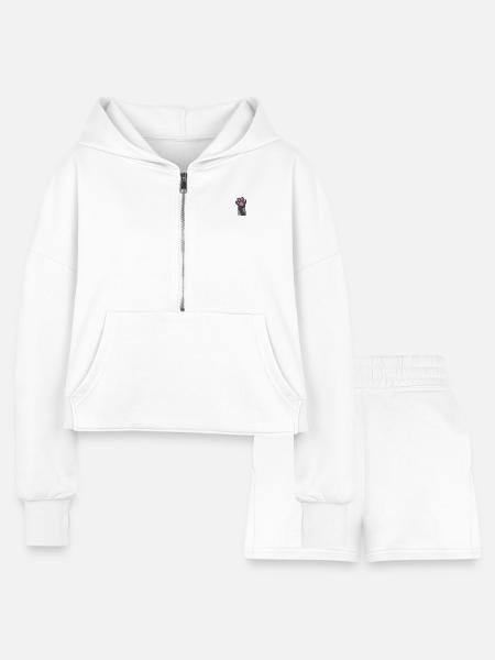 Cat toe beans embroidered - Women’s Cropped Hoodie & Jogger Short Set - white - Front