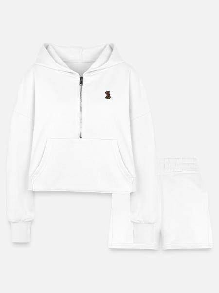 Sitting Teddy bear embroidered - Women’s Cropped Hoodie & Jogger Short Set - white - Front