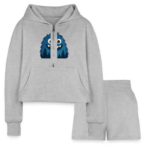 Whimsical Blue Forest Monster – Cute Cartoon Night - Women’s Cropped Hoodie & Jogger Short Set