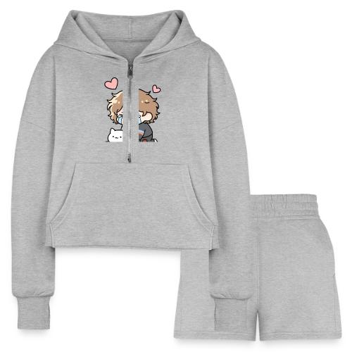 Crying Chibi Boy with Stray Cat - Women’s Cropped Hoodie & Jogger Short Set