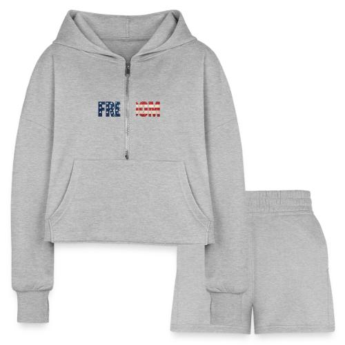 Freedom American Flag Distressed Patriotic Shirt - Women’s Cropped Hoodie & Jogger Short Set