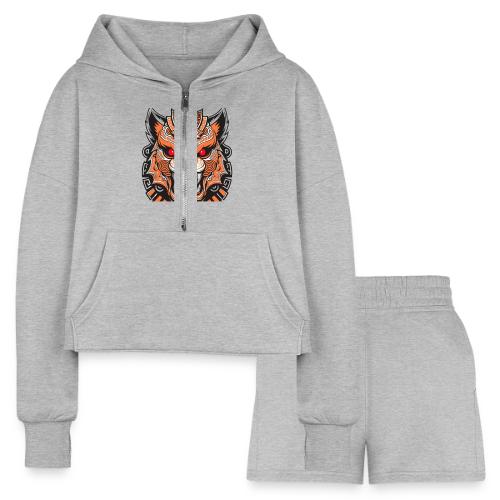 Tribal Demon Wolf Mask - Women’s Cropped Hoodie & Jogger Short Set