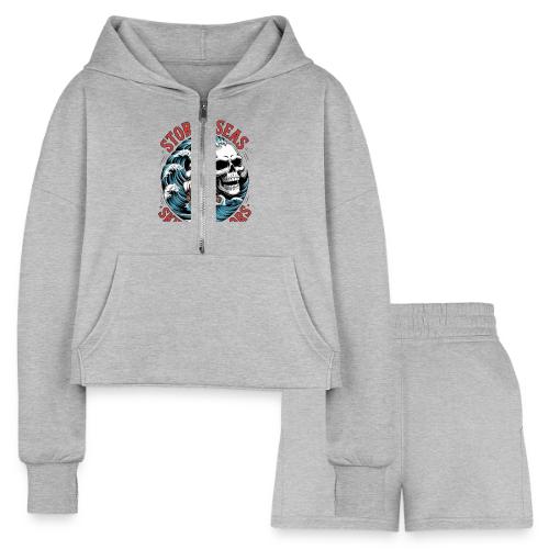 Stormy Seas Skull Pirate Ship Nautical Ocean Waves - Women’s Cropped Hoodie & Jogger Short Set