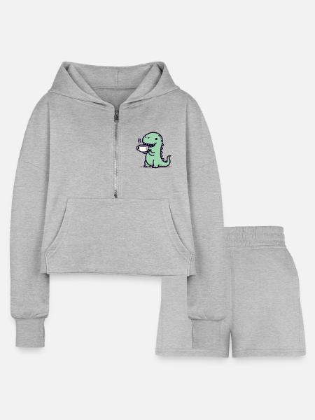 Retro kawaii tea rex tyrannosaurus - Women’s Cropped Hoodie & Jogger Short Set - heather gray - Front