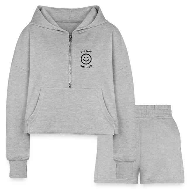 Flat product shot of the light gray Women's Cropped Hoodie and Jogger Short Set with small chest logo