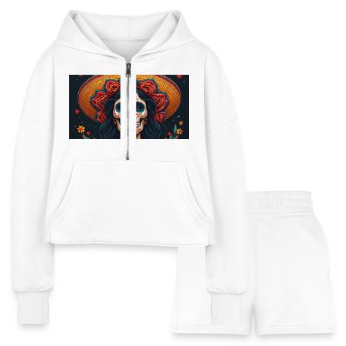 Charra Skull Art | Traditional Mexican Design - Women’s Cropped Hoodie & Jogger Short Set