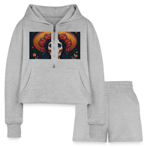Charra Skull Art | Traditional Mexican Design - Women’s Cropped Hoodie & Jogger Short Set