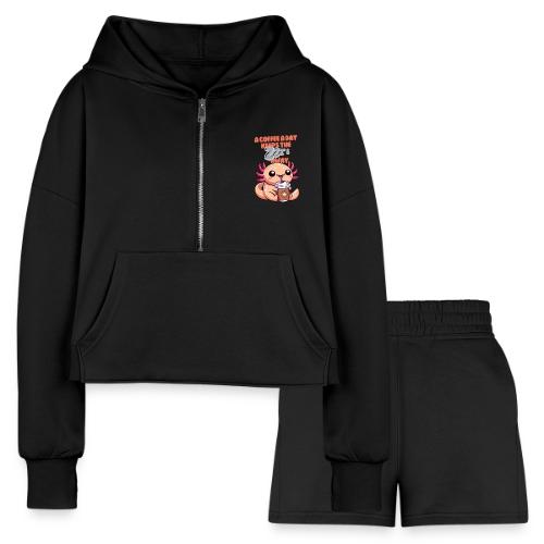 Coffee Drinking Cute Baby Axolotl - Women’s Cropped Hoodie & Jogger Short Set