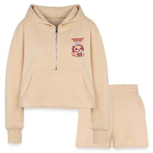 Coffee Drinking Cute Baby Axolotl - Women’s Cropped Hoodie & Jogger Short Set