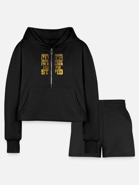 Warning I'm a Welder I Can't Fix Welding - Women’s Cropped Hoodie & Jogger Short Set - black - Front