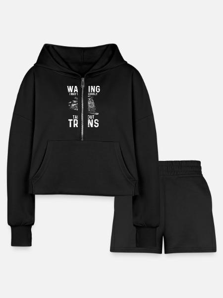 Warning May Spontaneously Talk About Trains - Women’s Cropped Hoodie & Jogger Short Set - black - Front