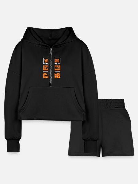Warning: Talking About Cars - Women’s Cropped Hoodie & Jogger Short Set - black - Front