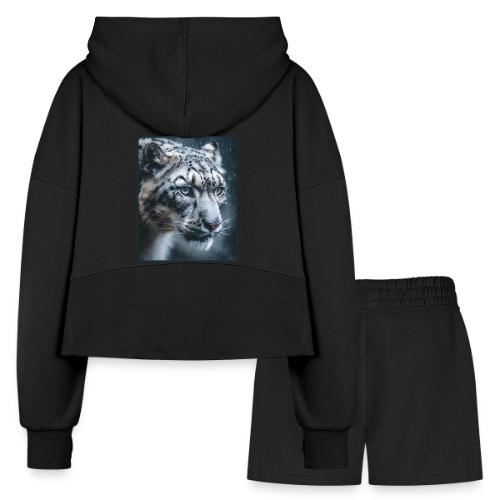 Snow Leopard Blue Eyes Design - Women’s Cropped Hoodie & Jogger Short Set