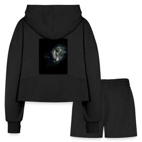 Cat Face in Shadow Close-Up Design - Women’s Cropped Hoodie & Jogger Short Set