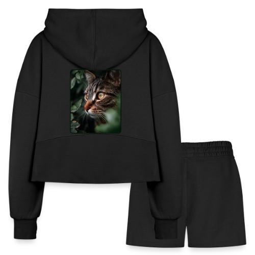 Tabby Cat Jungle Eyes Design - Women’s Cropped Hoodie & Jogger Short Set