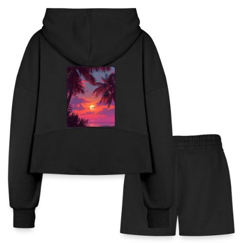 Tropical Sunset Palm Silhouette Design - Women’s Cropped Hoodie & Jogger Short Set