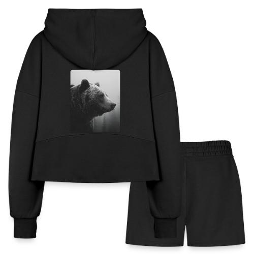 Grizzly Bear Black White Portrait Design - Women’s Cropped Hoodie & Jogger Short Set