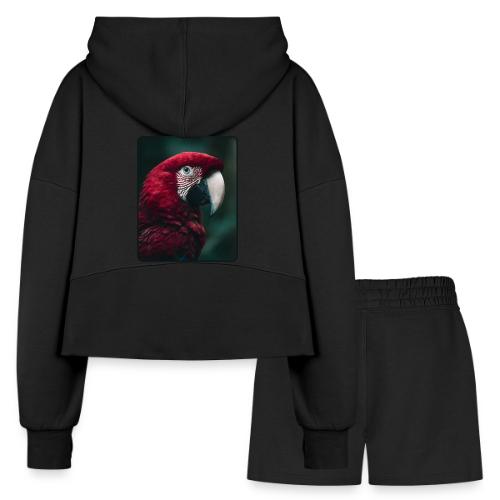 Red Green Macaw Bird Portrait Design - Women’s Cropped Hoodie & Jogger Short Set