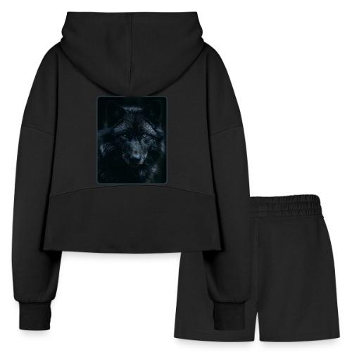 Black Wolf Intense Eyes Portrait Design - Women’s Cropped Hoodie & Jogger Short Set
