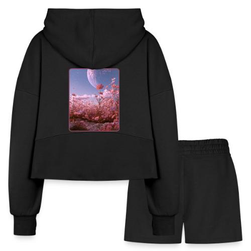 Cosmic Moon & Cosmos Flowers Art - Women’s Cropped Hoodie & Jogger Short Set