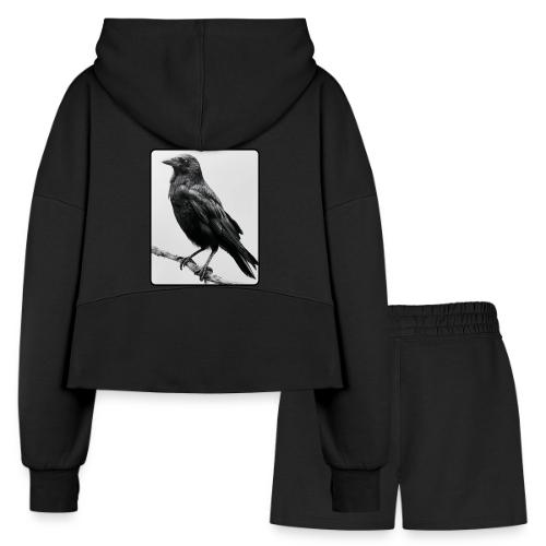 Raven Black and White Art Design - Women’s Cropped Hoodie & Jogger Short Set