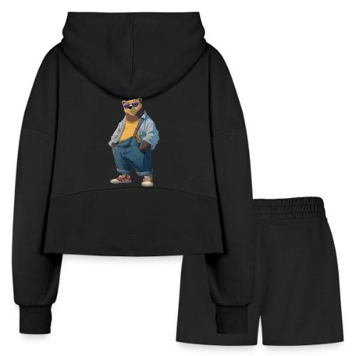Fashion Streetwear Bear Cartoon Art - Women’s Cropped Hoodie & Jogger Short Set
