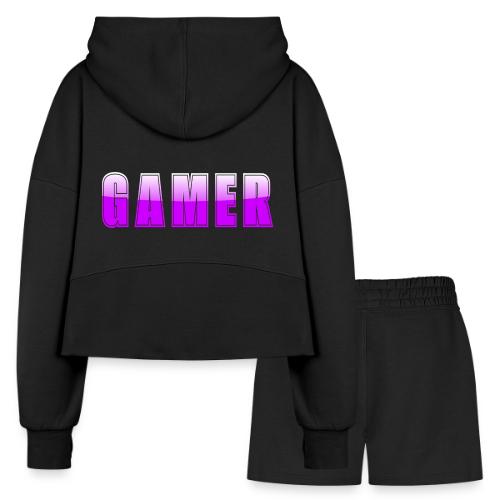 Gamer Purple Glossy Collegiate Design - Women’s Cropped Hoodie & Jogger Short Set