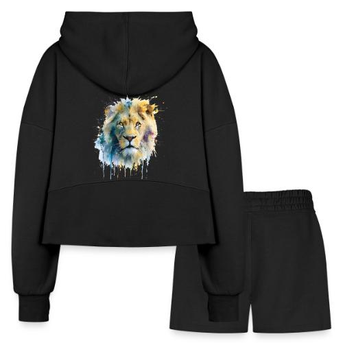 Splash-Art Lion Face - Women’s Cropped Hoodie & Jogger Short Set