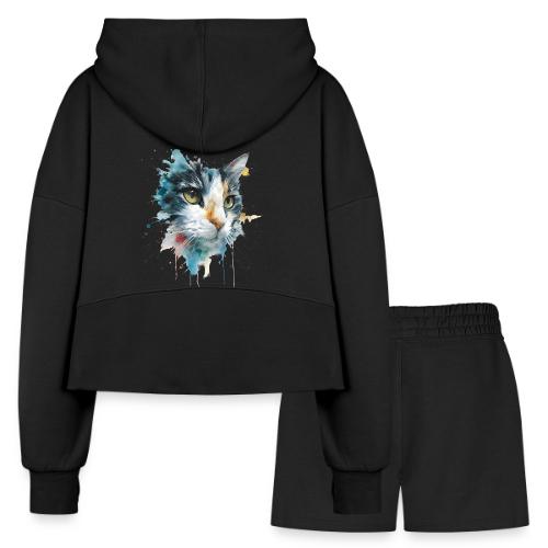 Watercolor cat face - Women’s Cropped Hoodie & Jogger Short Set