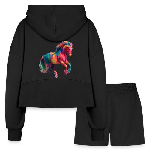 Colorful Paint Splatter Horse Art - Women’s Cropped Hoodie & Jogger Short Set
