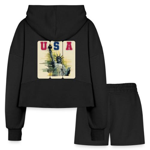 Art illustration of the Statue of Liberty - Women’s Cropped Hoodie & Jogger Short Set