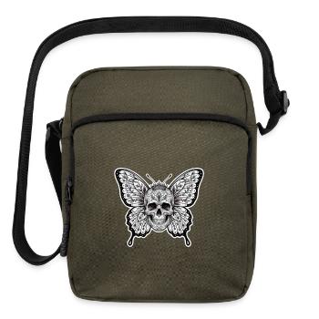 Gothic Monarch: Symmetrical Floral Skull Butterfly - Upright Crossbody Bag - olive - Front