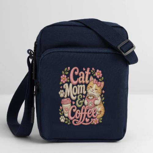 Cat Mom & Coffee Faux Stitched Cat Lover Design - Upright Crossbody Bag