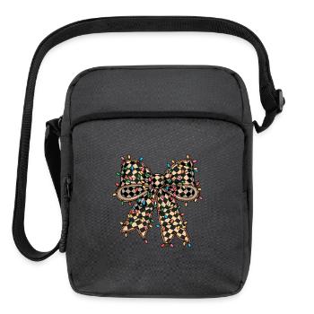 Festive Checkerboard Bow with Holiday Lights - Upright Crossbody Bag - charcoal grey - Front