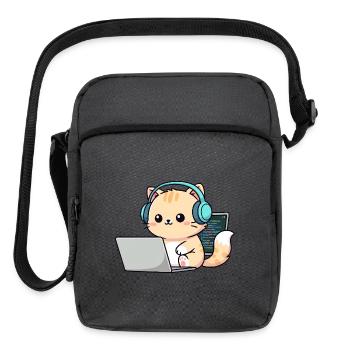 Cute Orange Tabby with Headphones and Laptop - Upright Crossbody Bag - charcoal grey - Front