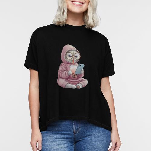 Cool Cat Bubble Tea Cartoon Design - Women's Hi-Lo Tee