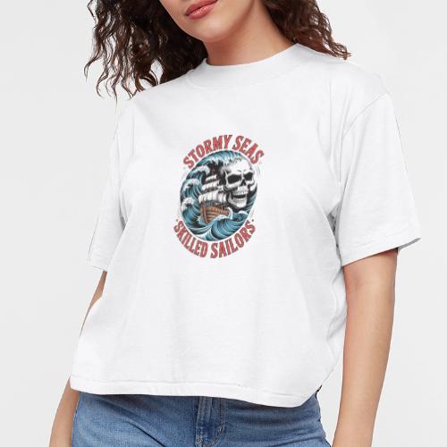 Stormy Seas Skull Pirate Ship Nautical Ocean Waves - Women's Boxy Tee