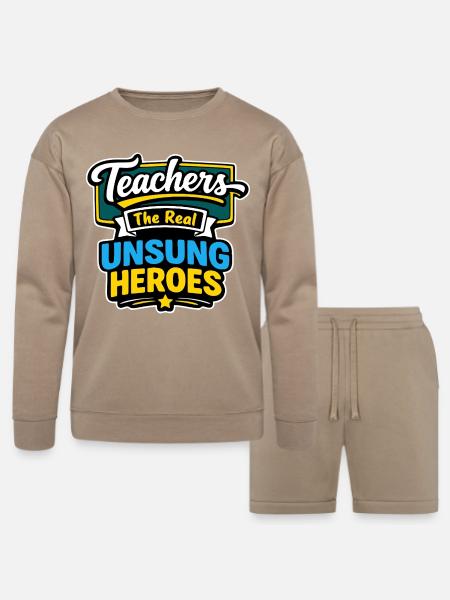 Teachers The Real Unsung Heroes - Bella + Canvas Unisex Sweatshirt & Short Set - tan