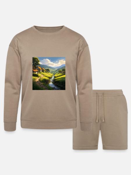 rustic stone houses village - Bella + Canvas Unisex Sweatshirt & Short Set - tan