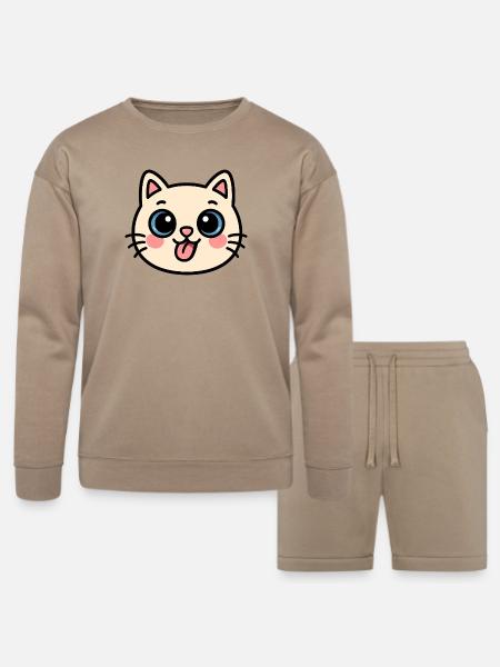 Kawaii Cat Face - Bella + Canvas Unisex Sweatshirt & Short Set - tan